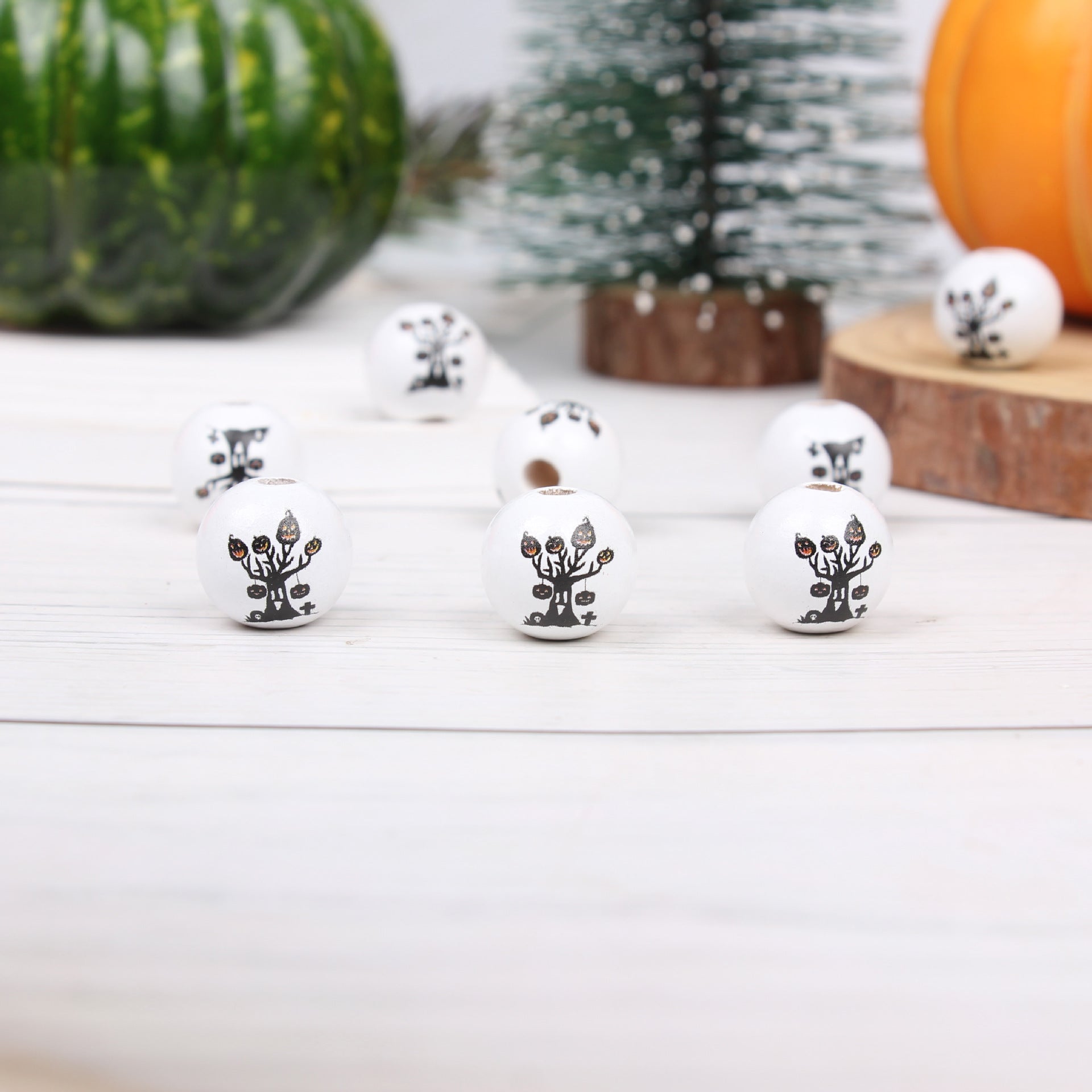 Wholesale 20pcs Halloween Bat Pumpkin Tree Tassel Accessories Wooden Beads