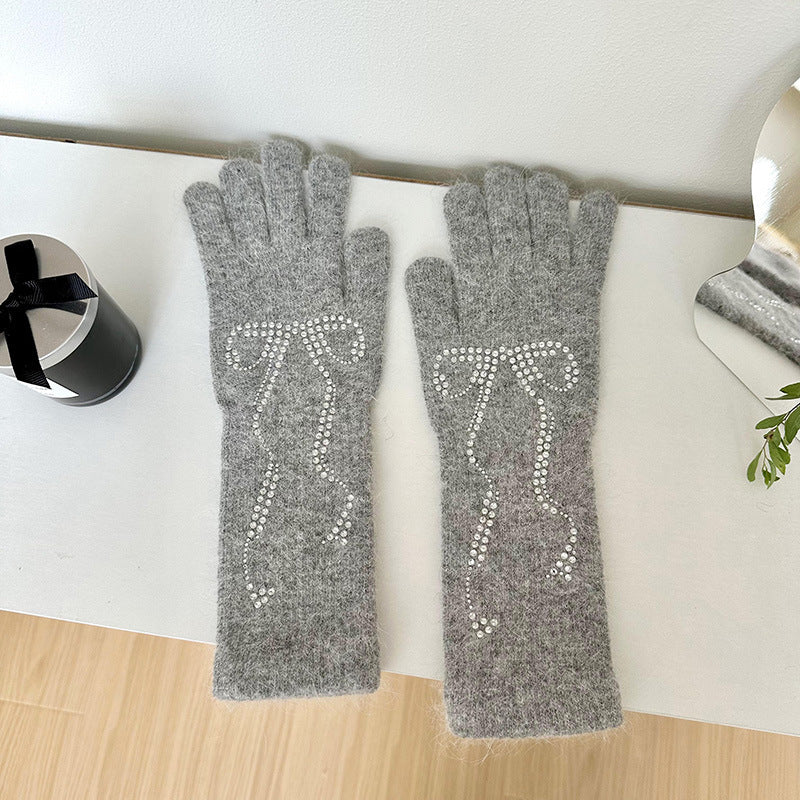 Wholesale Bright Diamond Bow Knit Long Touch Screen Warm Split Finger Gloves