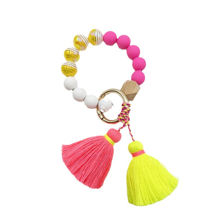 Wholesale Horizontal Multicolor Acrylic Beads Handmade Beaded Bracelet Double Ended Thread Tassel Keychain