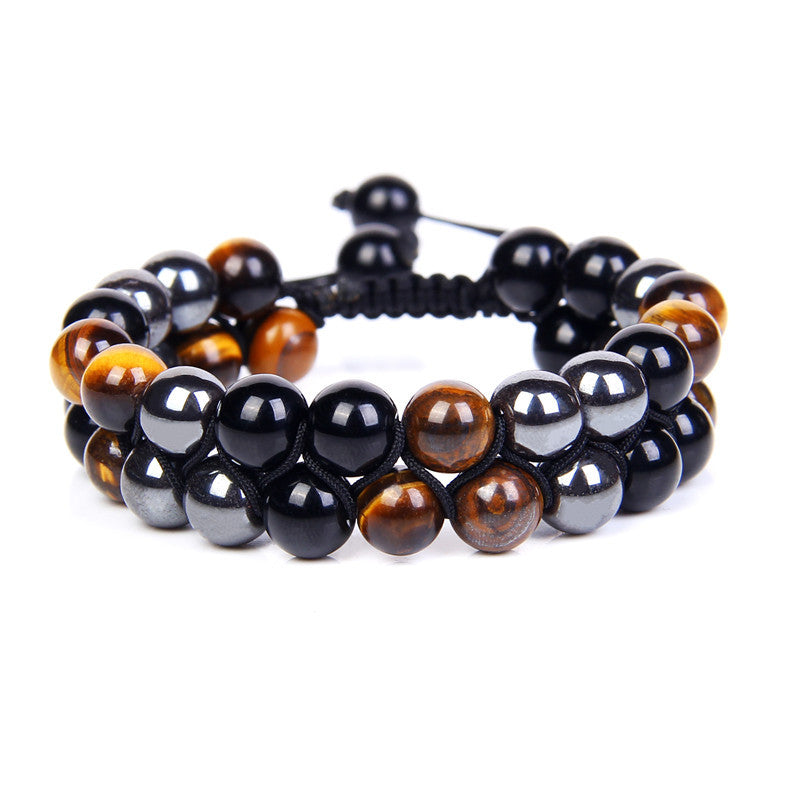 Wholesale Natural Tiger Eye Stone Black Onyx Double Layer Handwoven Bracelet