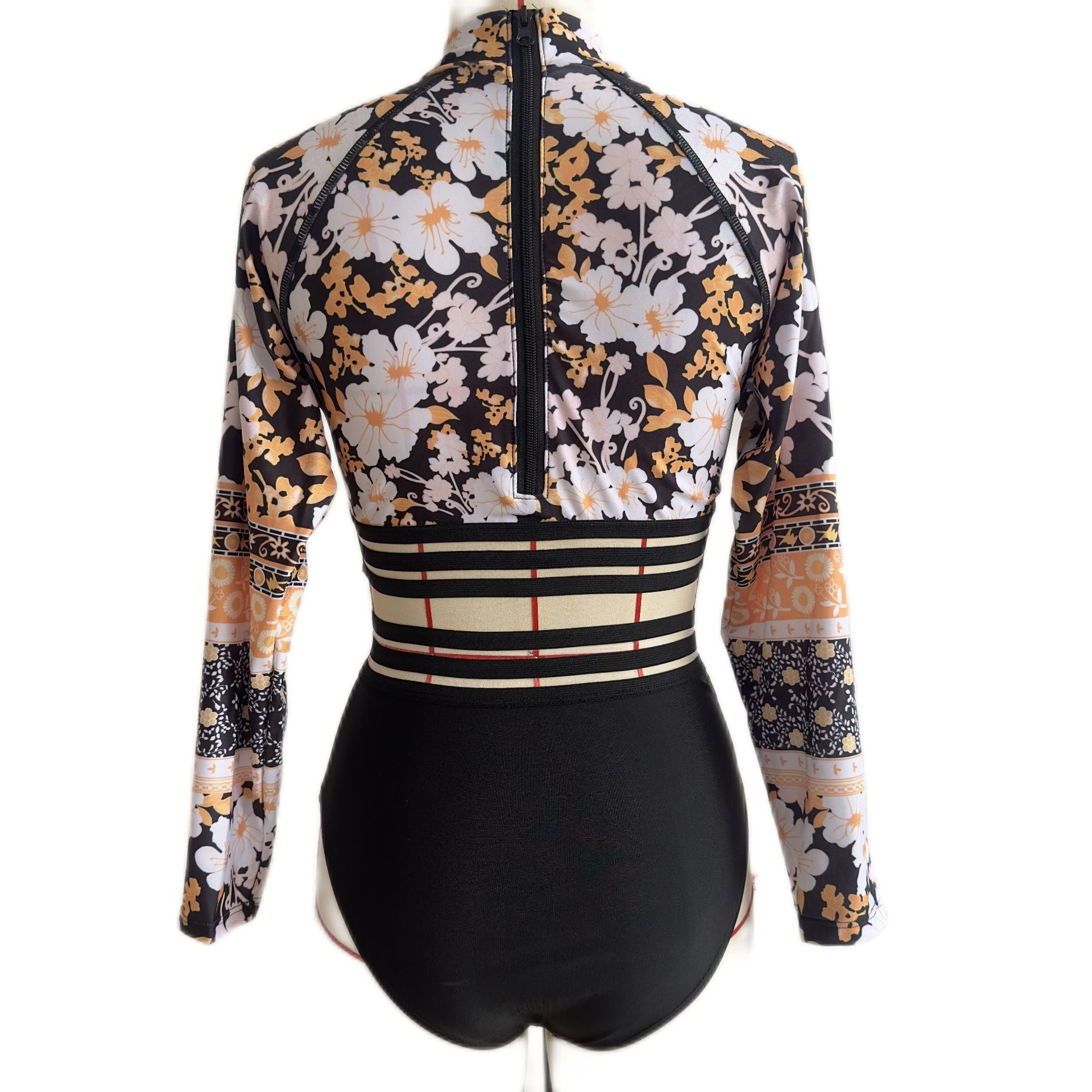 Wholesale Back Zipper Printed Long Sleeve One-Piece Sunscreen Hollow Skinny Polyester Swimwear