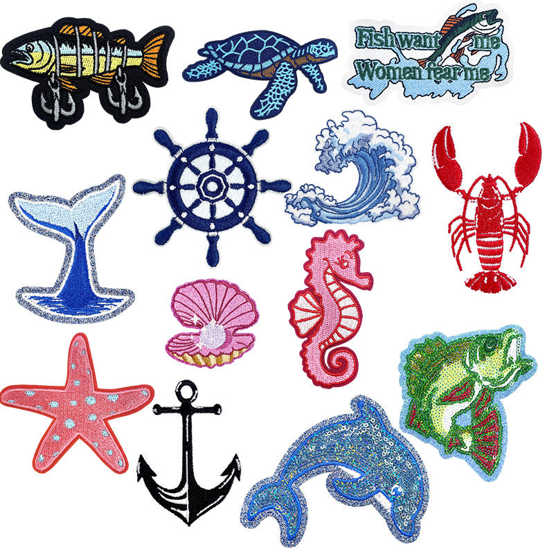 Wholesale Ocean Theme Embroidered Patch Set Fish Sea Creatures Applique Iron On For Coats Fashion Decorative Accessory Gift Resale