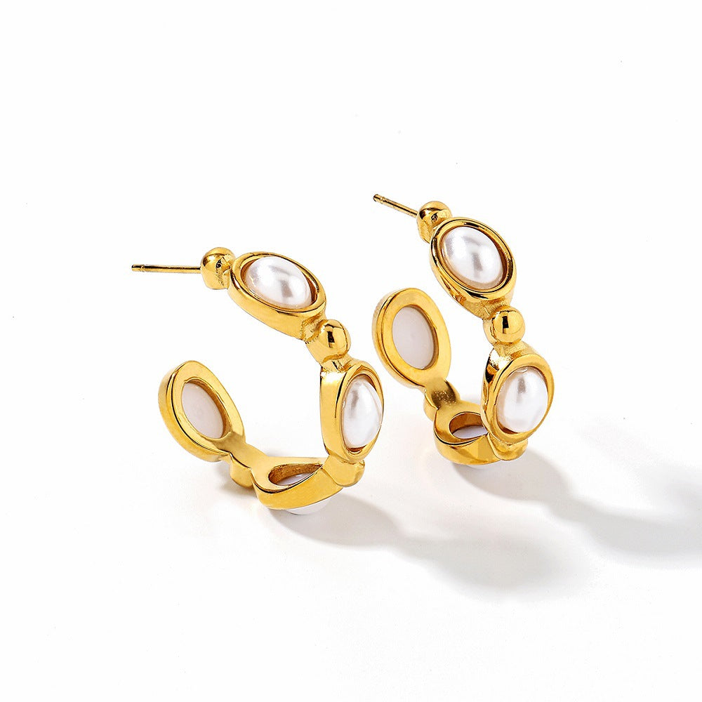 Wholesale Large C-shaped Stainless Steel Earrings with Imitation Pearls