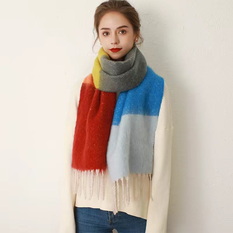 Wholesale New Contrast Striped Mohair Imitation Cashmere Thickened Tassel Scarf