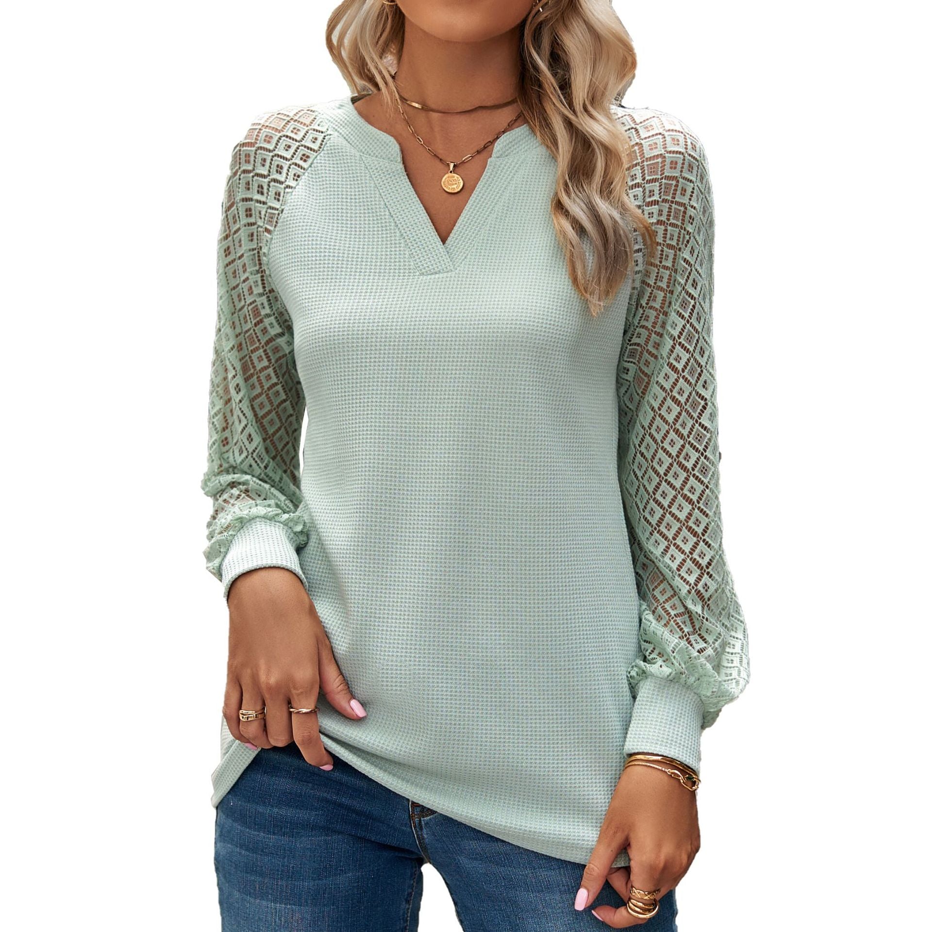 Wholesale Autumn and Winter V-neck Lace Waffle Patchwork Long-sleeved T-shirt Tops