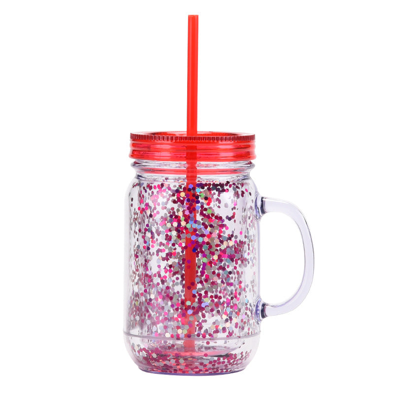 Wholesale Transparent Glitter Plastic Canned Cup with Handle Double Layer Plastic with Straw