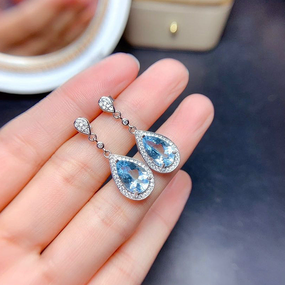 Wholesale Colored Treasure Drop Sea Blue Zircon Long Earrings