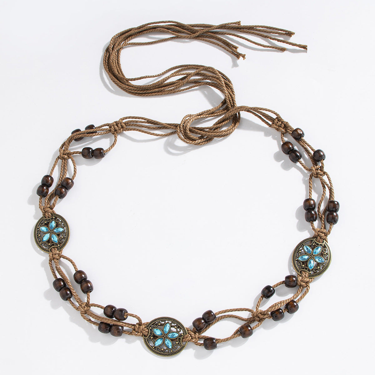 Wholesale Bohemian Butterfly Rhinestone Braided Handmade Wooden Bead Belt