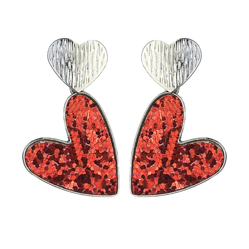 Wholesale 2pcs Valentine's Day Double Heart Symmetrical Multicolor Shiny Atmosphere Leather Metal Earrings