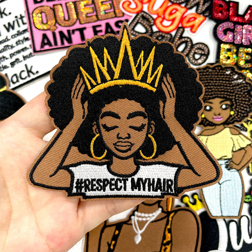 Wholesale Embroidered Iron On Patch Afro Black Girl Leopard Print Letter Design Decorative DIY Craft Supply For Shoes Hats Bags
