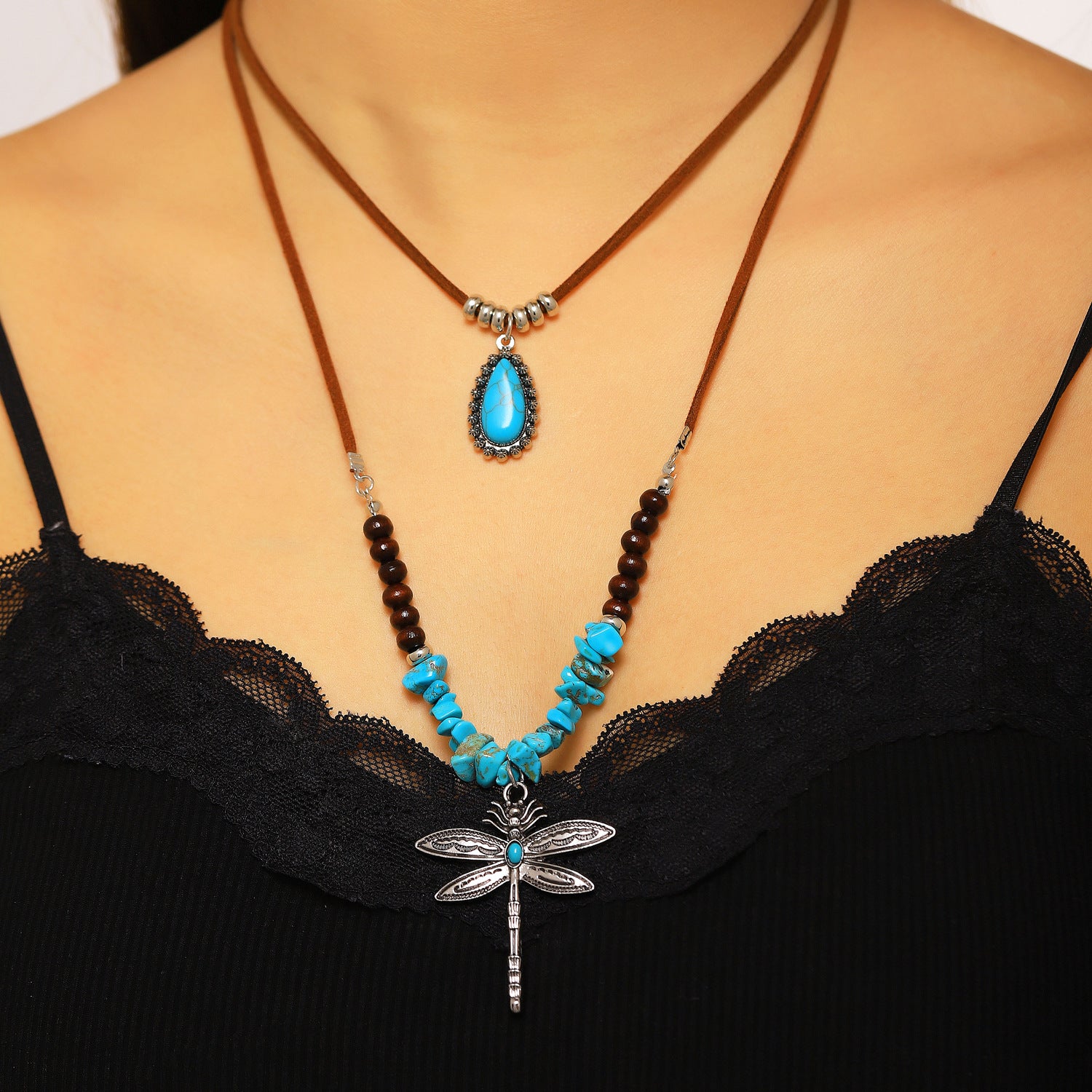 Wholesale Zinc Alloy Western Cowboy Turquoise Layered Necklace Set Bohemian Fashion Accessory Gift