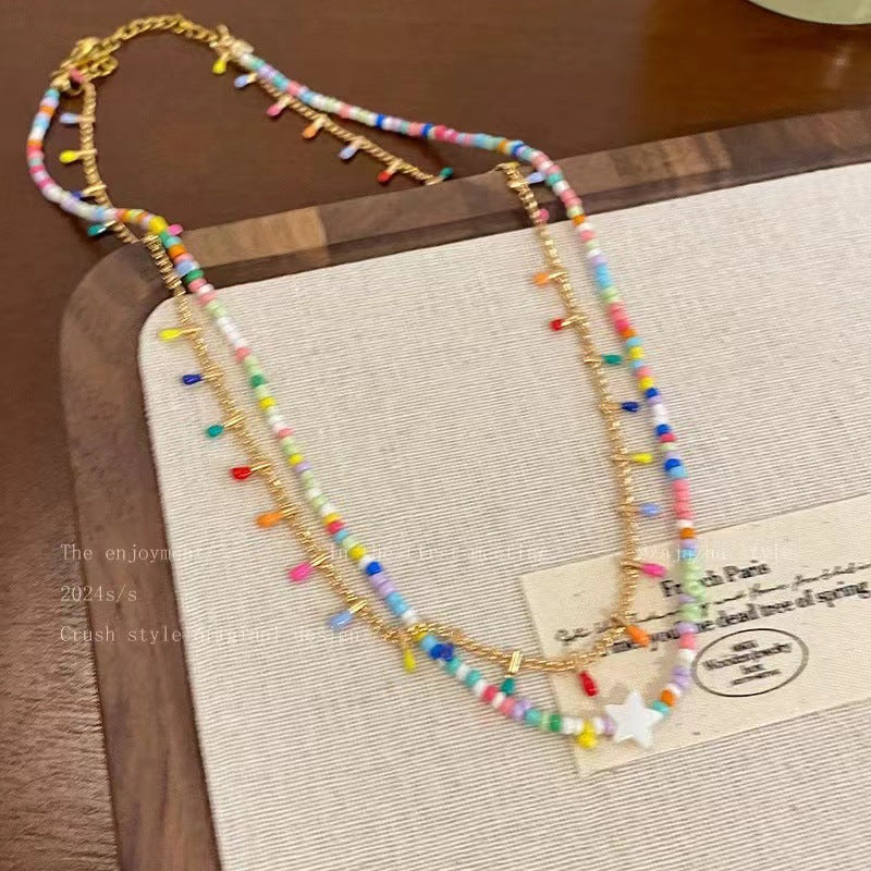 Wholesale Summer Dopamine Colorful Beaded Bow Clavicle Necklace