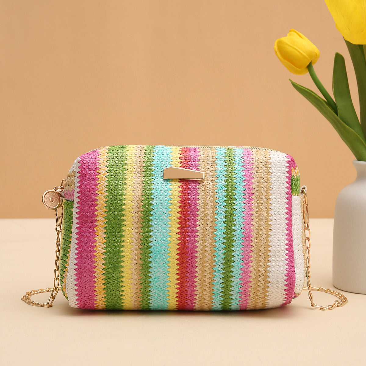Wholesale Rainbow Straw Woven Camera Bag Crossbody Chain Bag