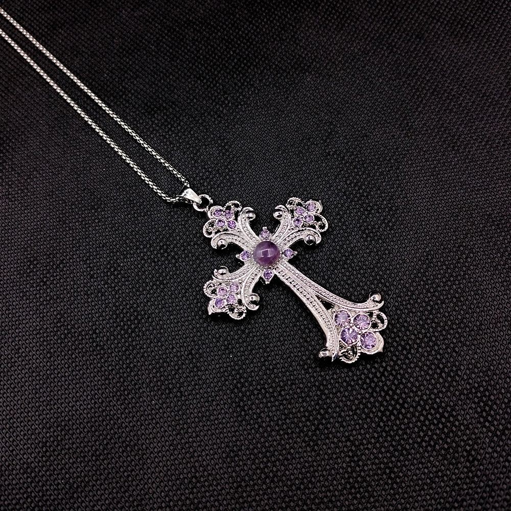 Wholesale Vintage Flash Diamond Turquoise Cross Large Necklace