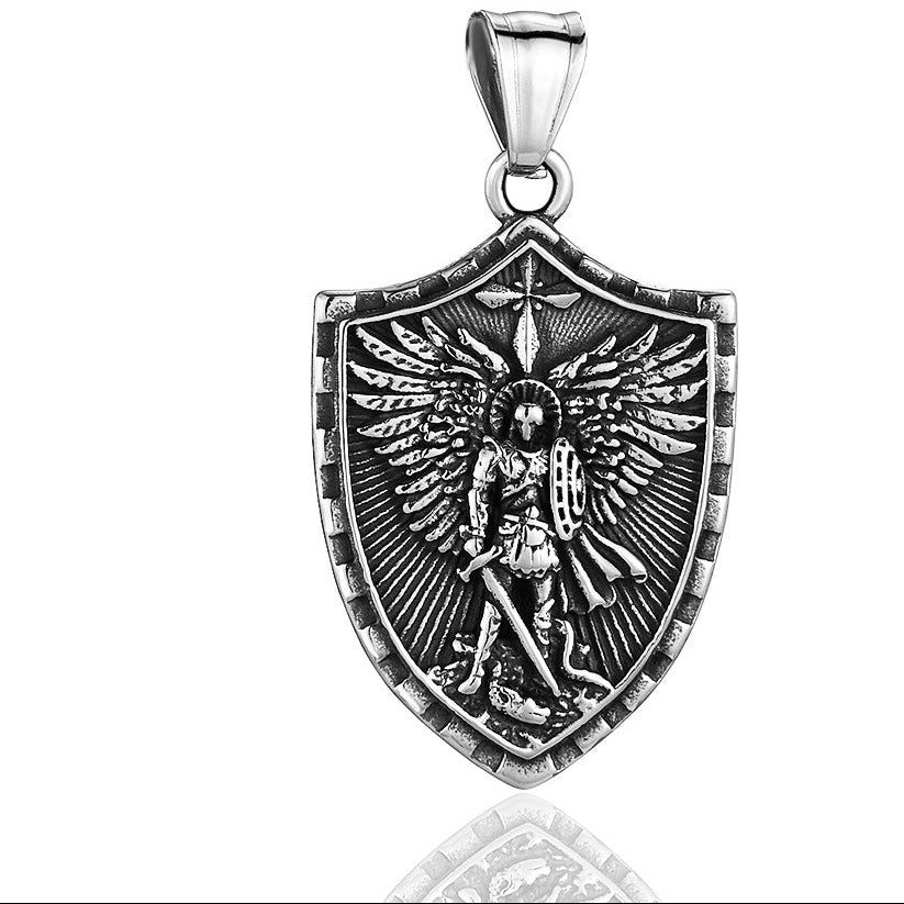 Wholesale Golden Stainless Steel Sword Wielding Warrior Angel Shield Men' s Necklace