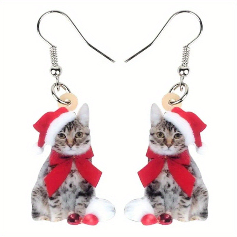 Wholesale Small Cute Christmas Cat Acrylic Holiday Earrings
