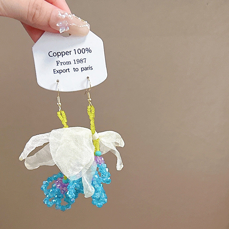 Wholesale Fabric flower super fairy handmade beaded fairy small fresh flower silver needle earrings