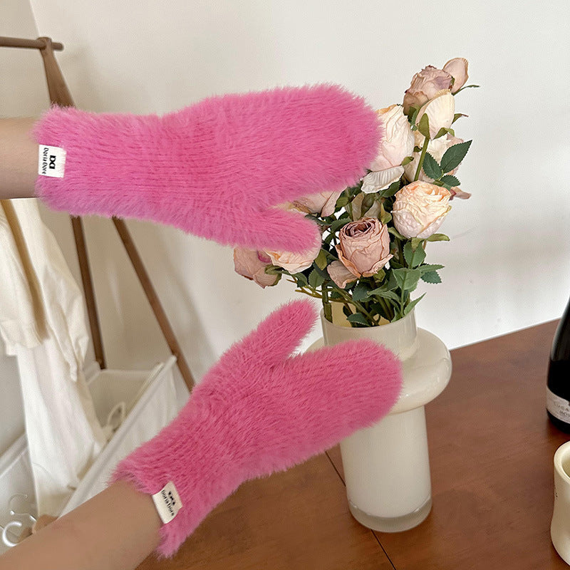 Wholesale Candy Colored Soft Glutinous Plush Autumn and Winter Thickened Mittens