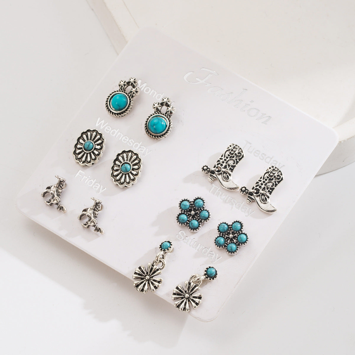 Wholesale  Exaggerated Western Ethnic Style Turquoise Earrings Flower Bull Head Pony Geometric Set Earrings Earrings for Women
