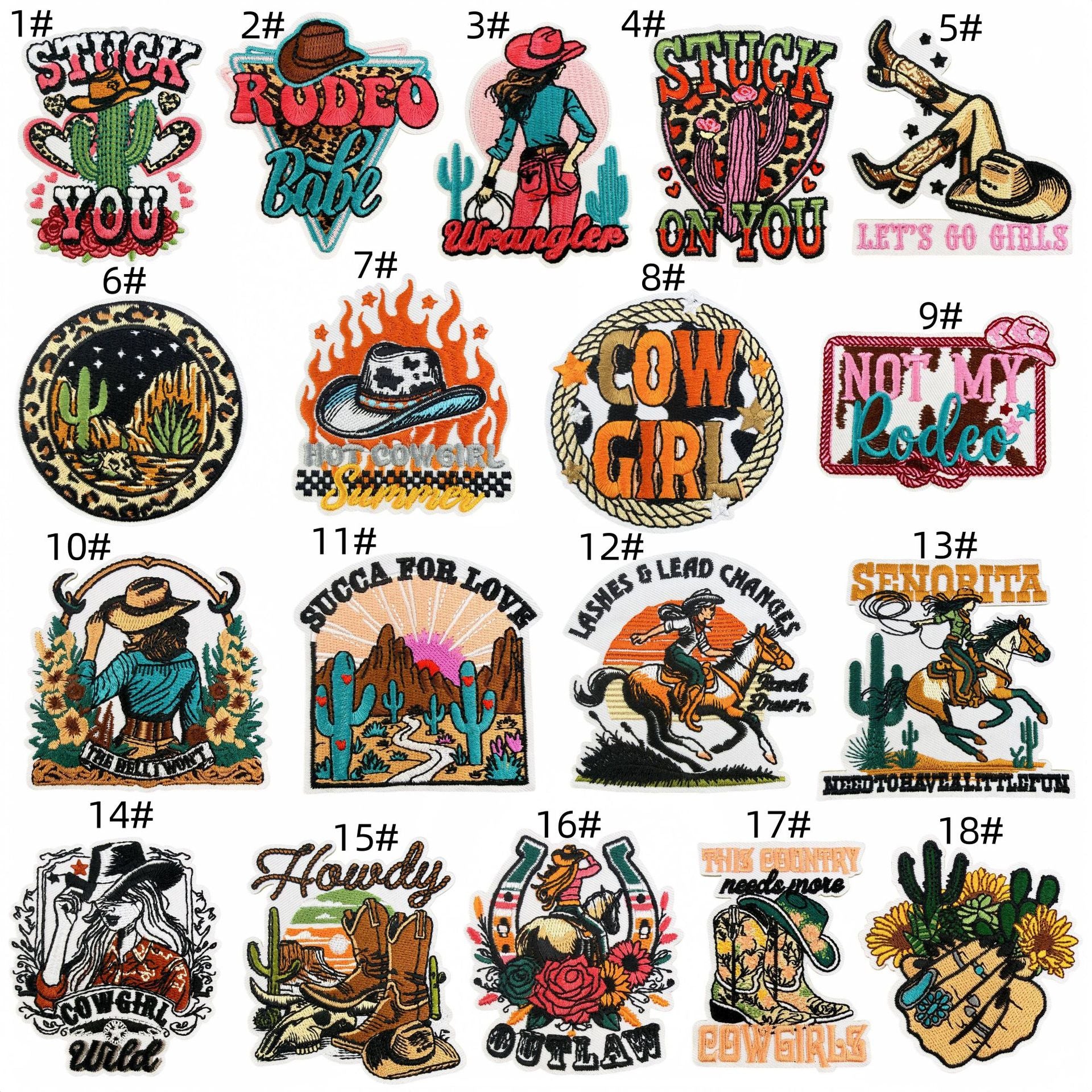 Wholesale Chic Cowgirl Western Embroidered Patch Set 18Pc Leopard Cactus Design Sew On Badge Craft Supply