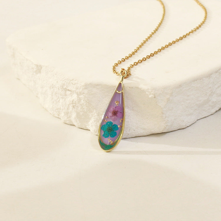 Wholesale 6pcs Resin Colored Dried Flower Pendant Water Drop Necklace