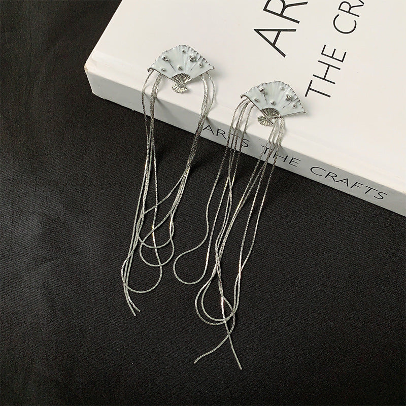 Wholesale Design Enamel Fan Tassel New Chinese Style Retro Temperament Personality Earrings Ear Studs