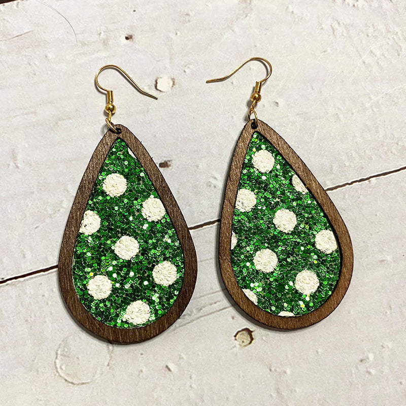 Wholesale Christmas Sparkling Wave Point Wooden Inlaid Leather Classic Water Drop Earrings