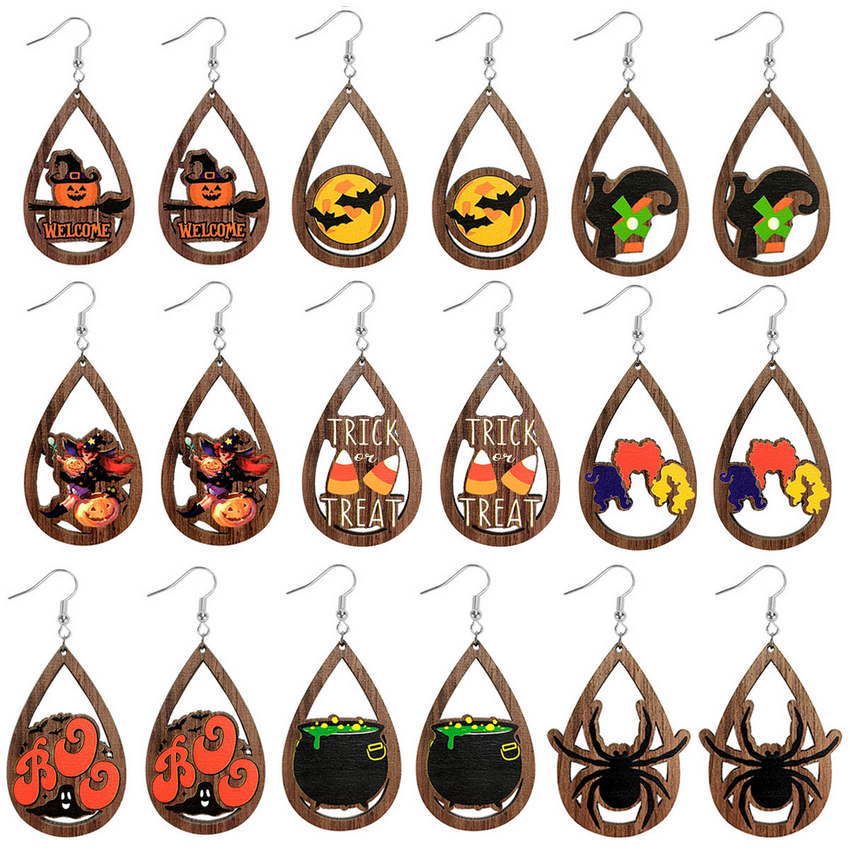 Esqueleto al por mayor Halloween Pumpkin bruja negro Cat de araña Drop de agua aretes huecos de madera