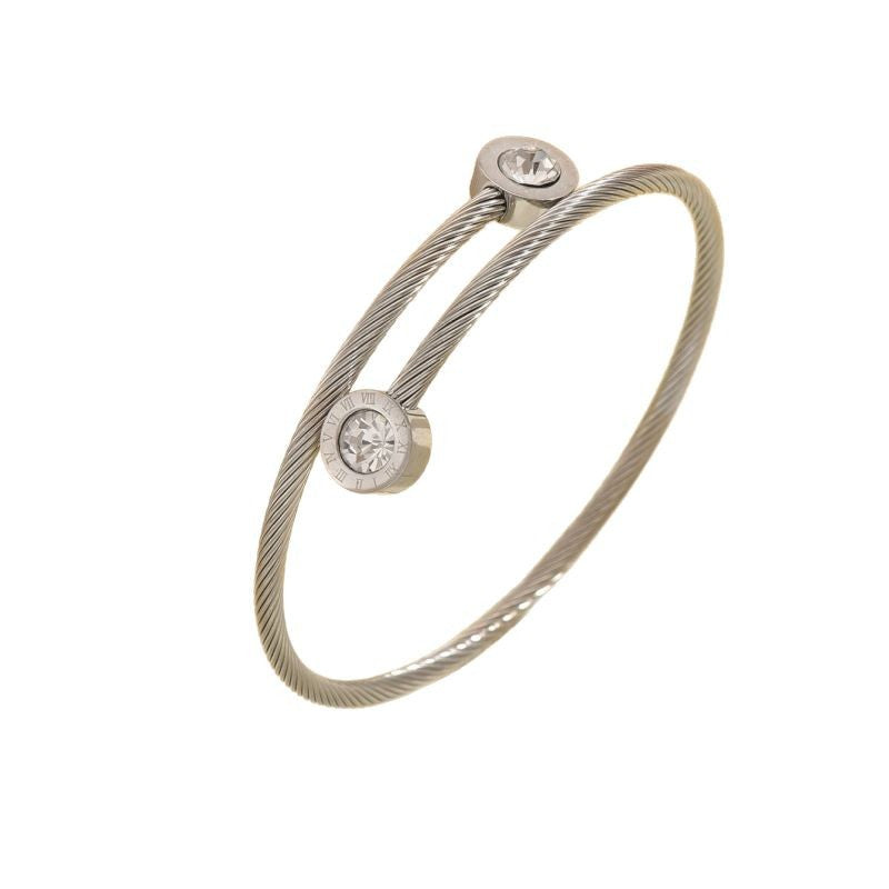 Wholesale Stainless steel artificial zircon silver open bangle with a twisted design