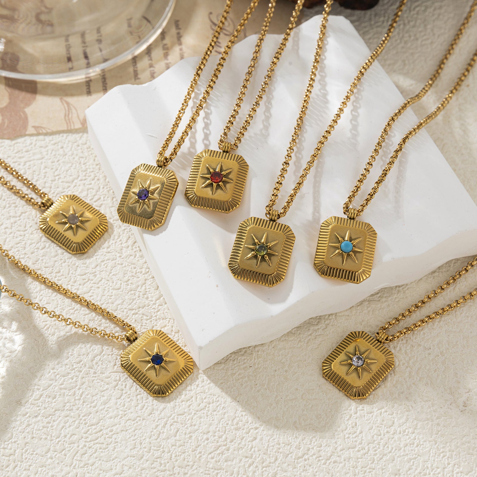 Wholesale 18K Gold Plated Eight Pointed Star Birthstone Pendant Necklace Sun Moon Star Charm Trendy Fashion Jewelry Accessory Boutique Resale Gift