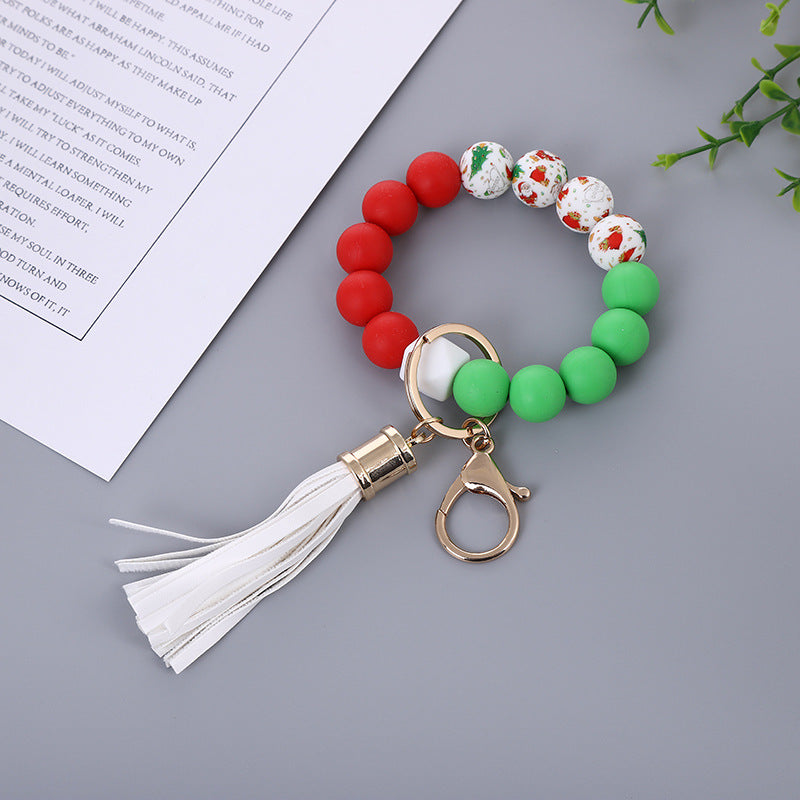 Wholesale Christmas New Silicone Beads PU Tassel Wooden Beads Bracelet Keychain