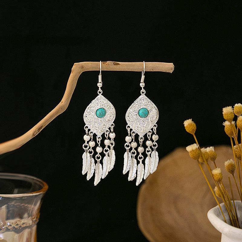 Wholesale Bohemian Ethnic Style Feather Tassel Alloy Earrings