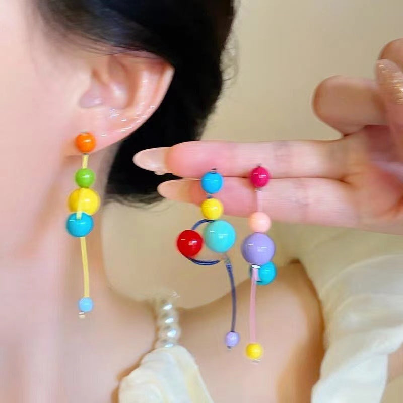 Wholesale Color Beaded Earrings Long Fashion Sweet Candy Color Tassel Earrings