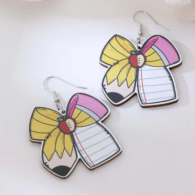 Wholesale Back to school graduation season bow pencil double-sided wooden earrings