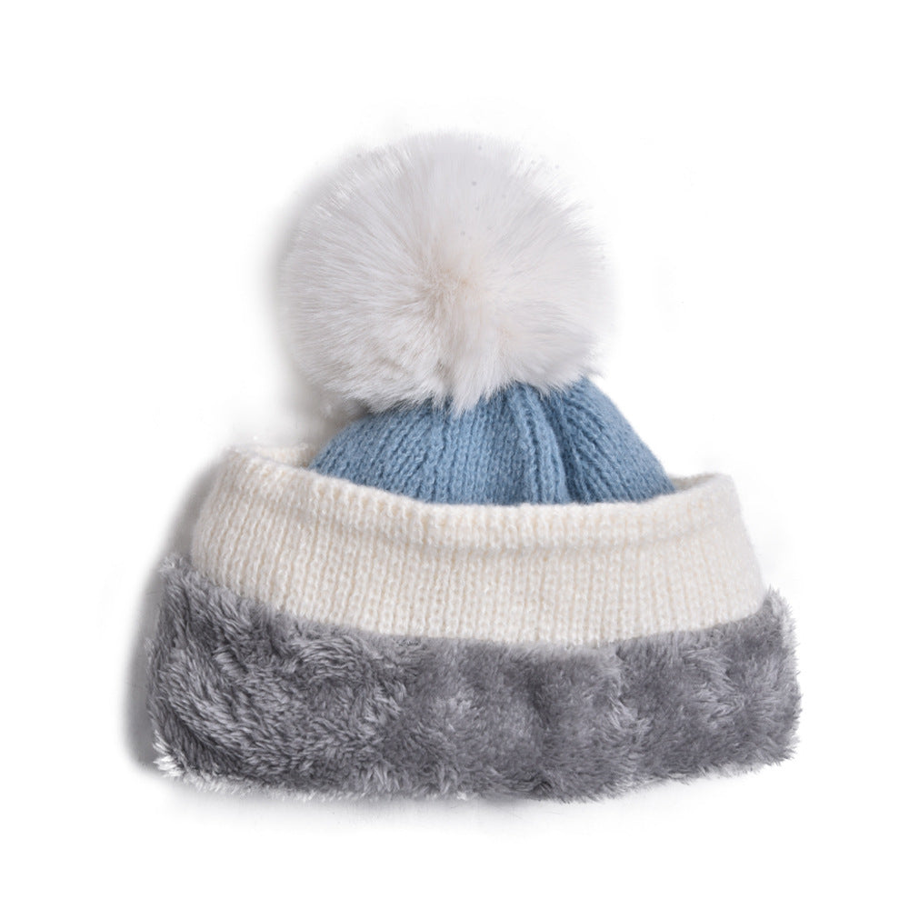 Wholesale Wool Ball Color Matching Knitted Hat Autumn and Winter Plus Velvet Thickened Windproof and Cold-proof Woolen Hat