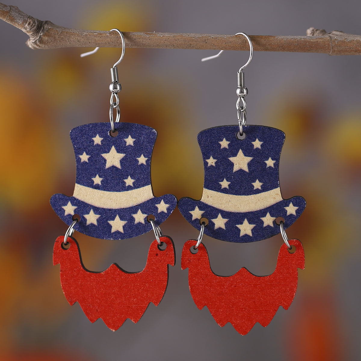 Wholesale Independence Day red White Blue Flag Color Love star wooden earrings