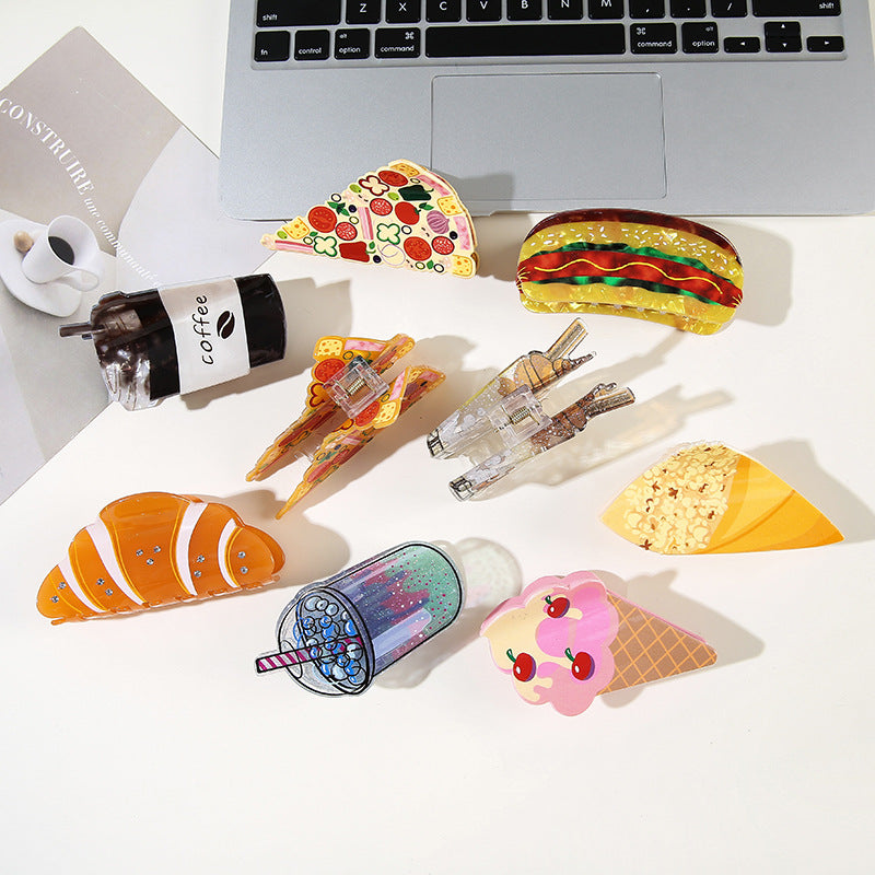 Wholesale Fun Cartoon Food Hair Clips Croissant Burger Pizza Popcorn Design PVC Hair Claw Accessory Chic Everyday Styling And Gift