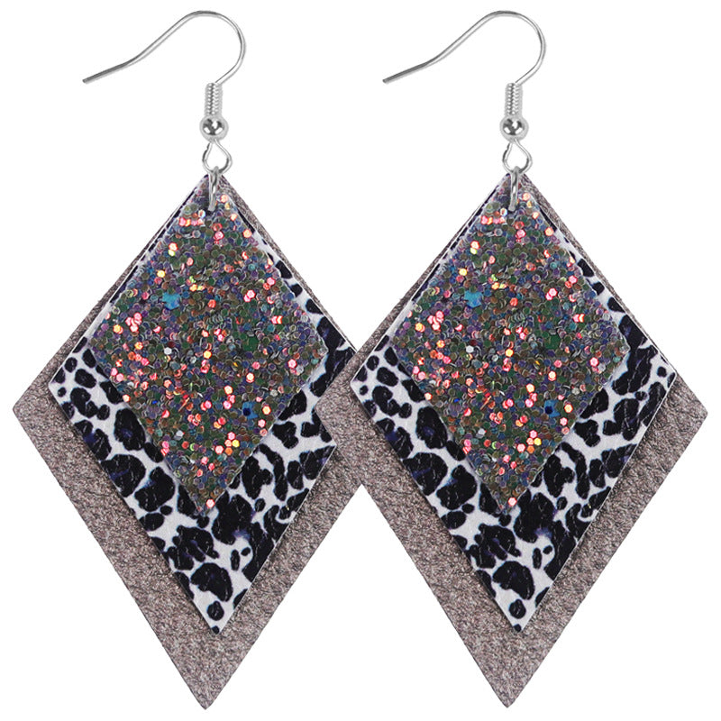 Wholesale 2pairs/pack Multi-layer Sequin Superimposed Leopard Print Leather Earrings