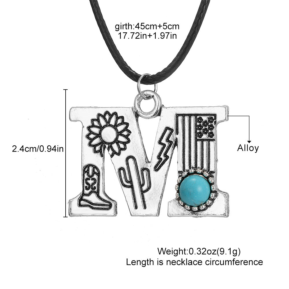 Wholesale English letter necklace western style cactus sunflower turquoise chain