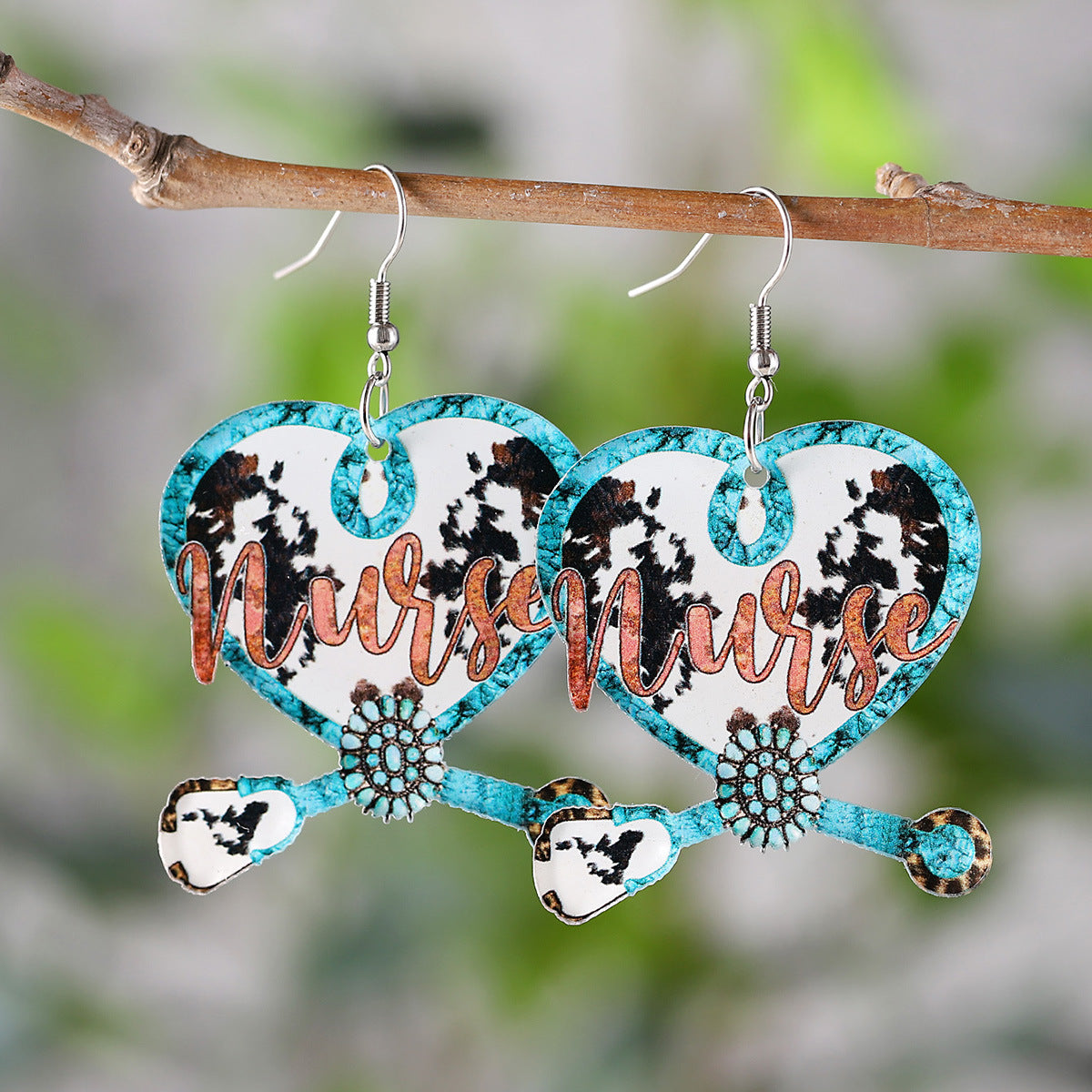 Wholesale Stethoscope Cow Print Heart Flower Pendant Earrings