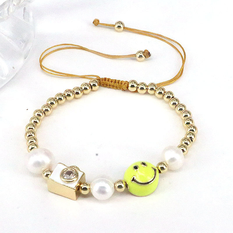 Wholesale Colorful Drops Oil Smile Zircon Freshwater Pearl Round Bead Braided Copper Bracelet