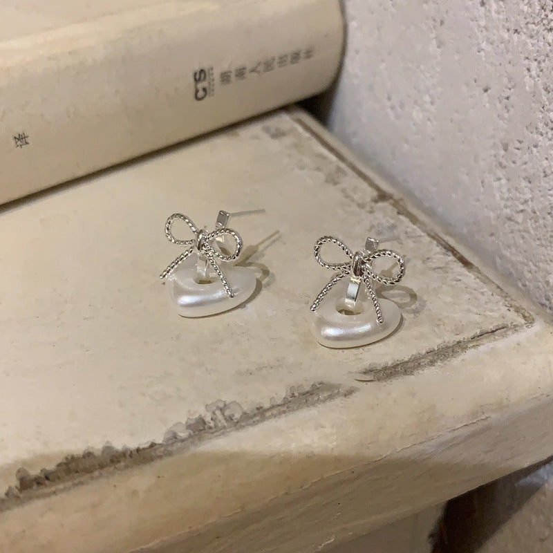 Wholesale Sweet French Bow Heart Pearl Earrings