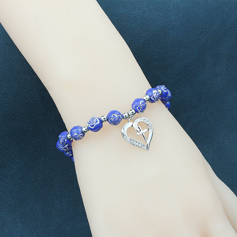 Wholesale Rose Beaded Heart Cross Couple Bracelet