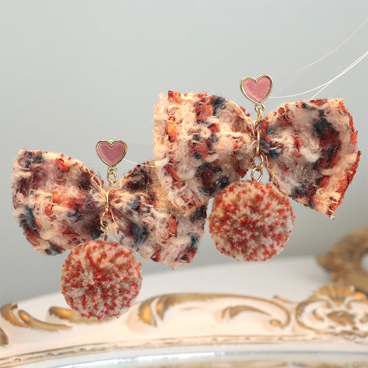Wholesale Autumn and Winter Plush Fabric Bow Love Earrings