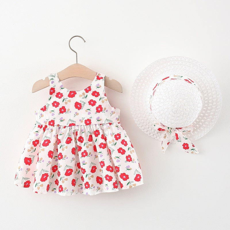 Wholesale Sweet Summer Cotton Baby Girl Dress With Big Bow And Floral Print Matching Straw Hat Included Party Gift For Toddlers