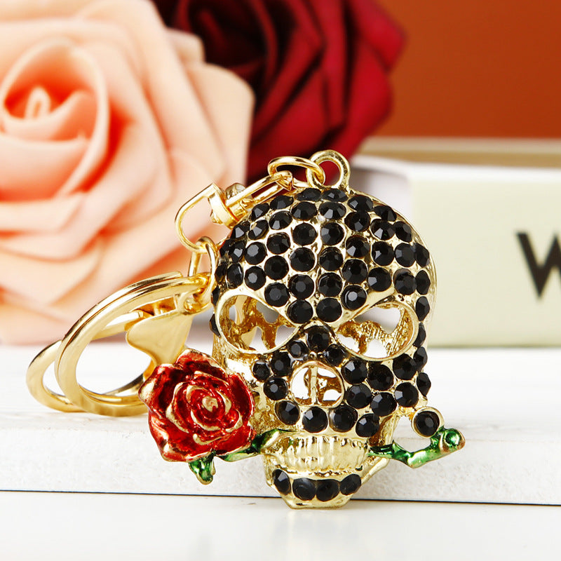 Wholesale Diamond Inlaid Rose Skull Metal Keychains