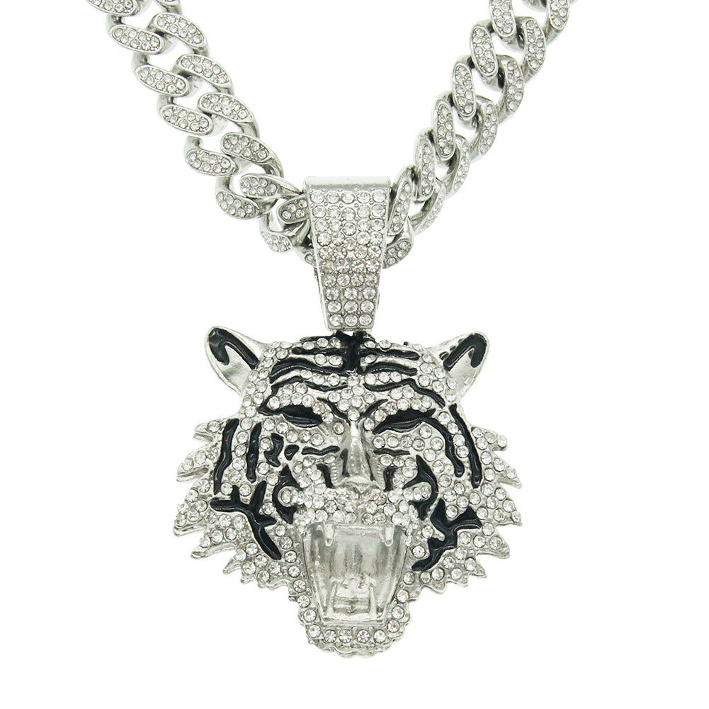 Wholesale Three-dimensional Full Diamond Painting Oil Tiger Head Pendant Cuban Chain Necklace