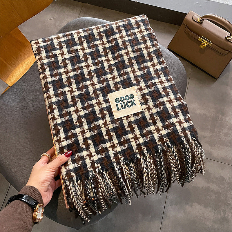 Wholesale Autumn and Winter Imitation Cashmere Contrasting Long Tassel Color Block Plaid Scarf