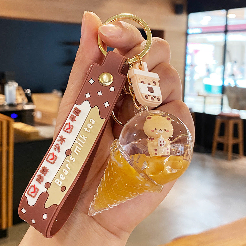 Wholesale Milk tea bear quicksand keychain exquisite cute schoolbag pendant