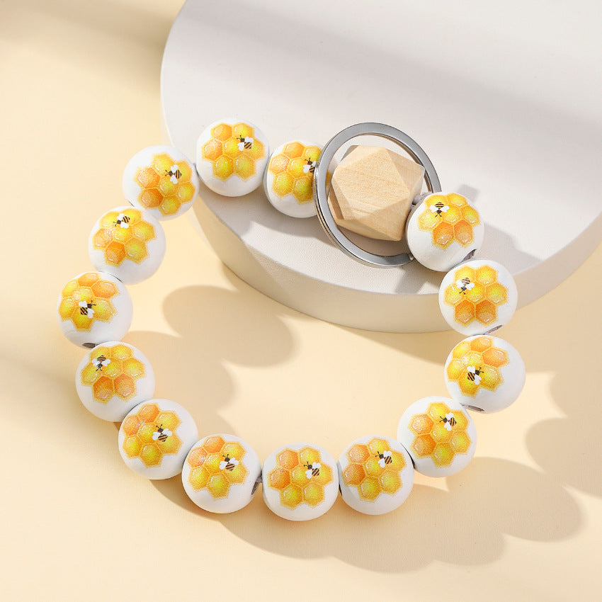 Wholesale Animal Style Cute Bee Wooden Beads Bracelet Keychains